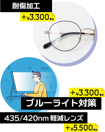 ブルーライト対策 ＋3300円税込、432/420nm軽減レンズ＋5500円税込